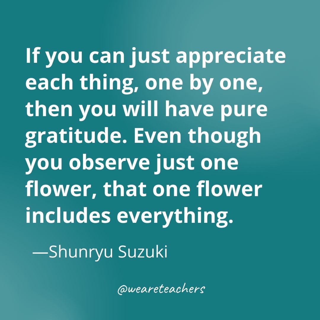 If you can just appreciate each thing, one by one, then you will have pure gratitude. Even though you observe just one flower, that one flower includes everything. —Shunryu Suzuki