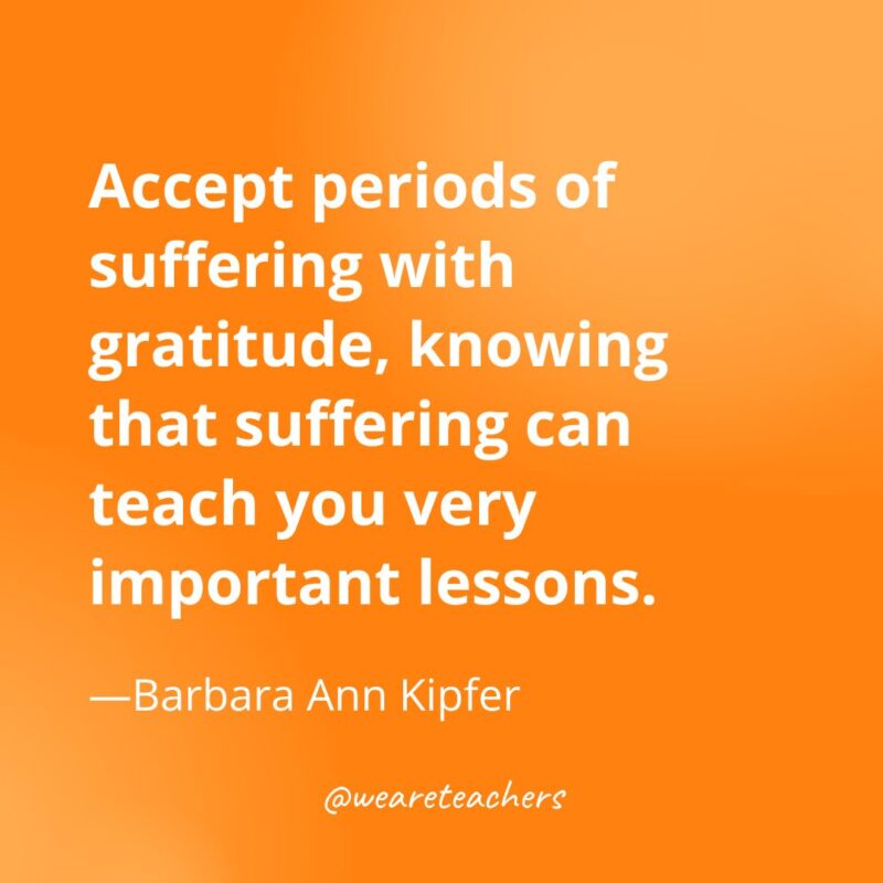 Accept periods of suffering with gratitude, knowing that suffering can teach you very important lessons. —Barbara Ann Kipfer- gratitude quotes