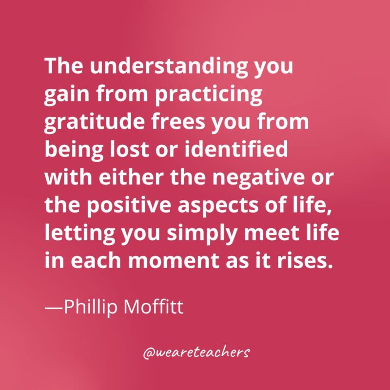 The understanding you gain from practicing gratitude frees you from being lost or identified with either the negative or the positive aspects of life, letting you simply meet life in each moment as it rises. —Phillip Moffitt