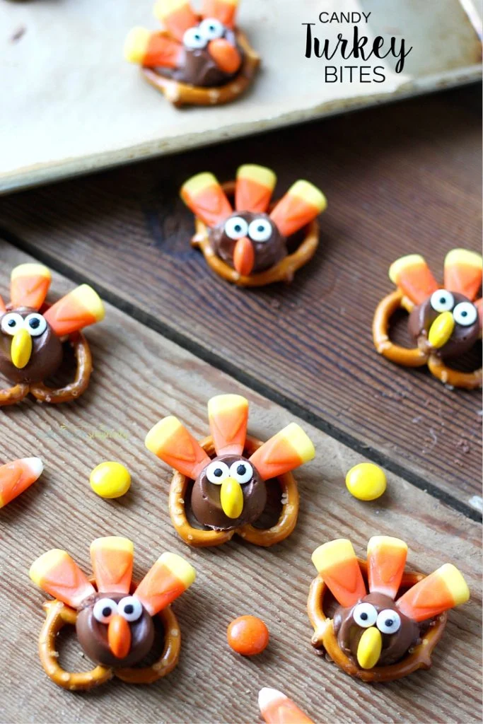 Yummy turkey treats made from pretzels, a rolo and candy corn