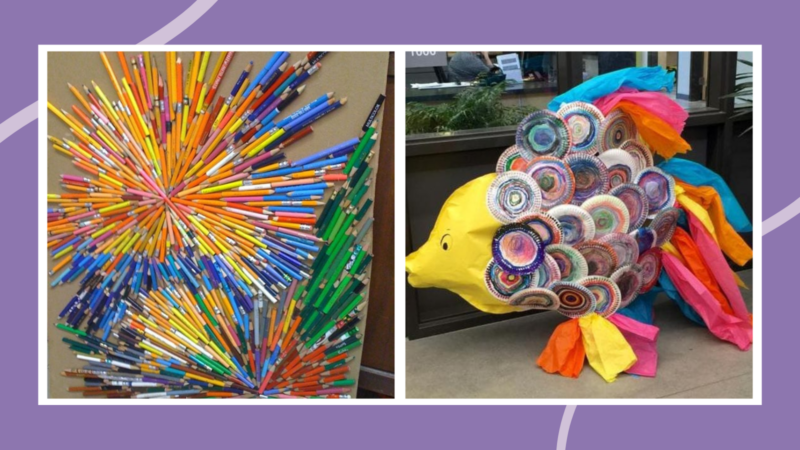 Examples of collaborative art project including watercolor paper plate fish sculpture and old pencils upcycled into a sculpture.