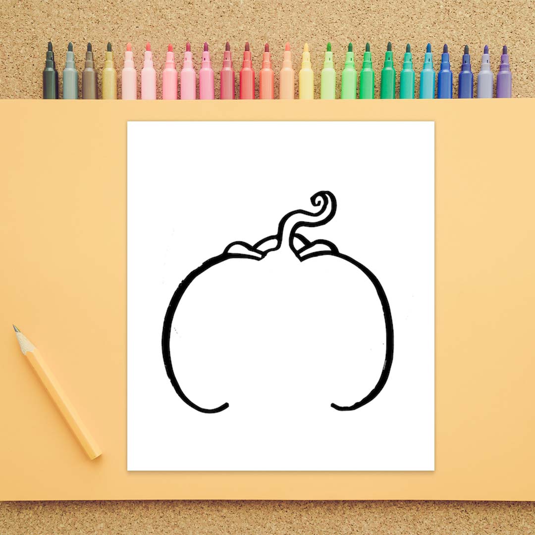 The top of a pumpkin plus the a curved line for each of the outsides of the pumpkin is shown as a simple black line drawing on a white background in this second step of how to draw a pumpkin.