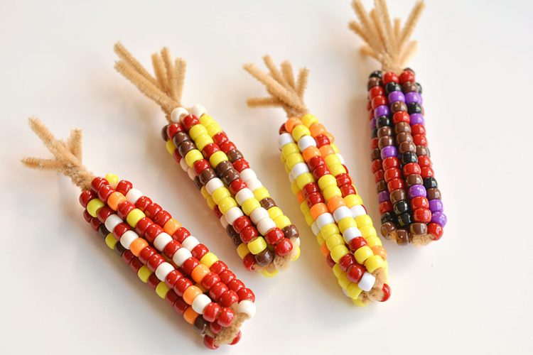 Mini ears of corn made from plastic pony beads