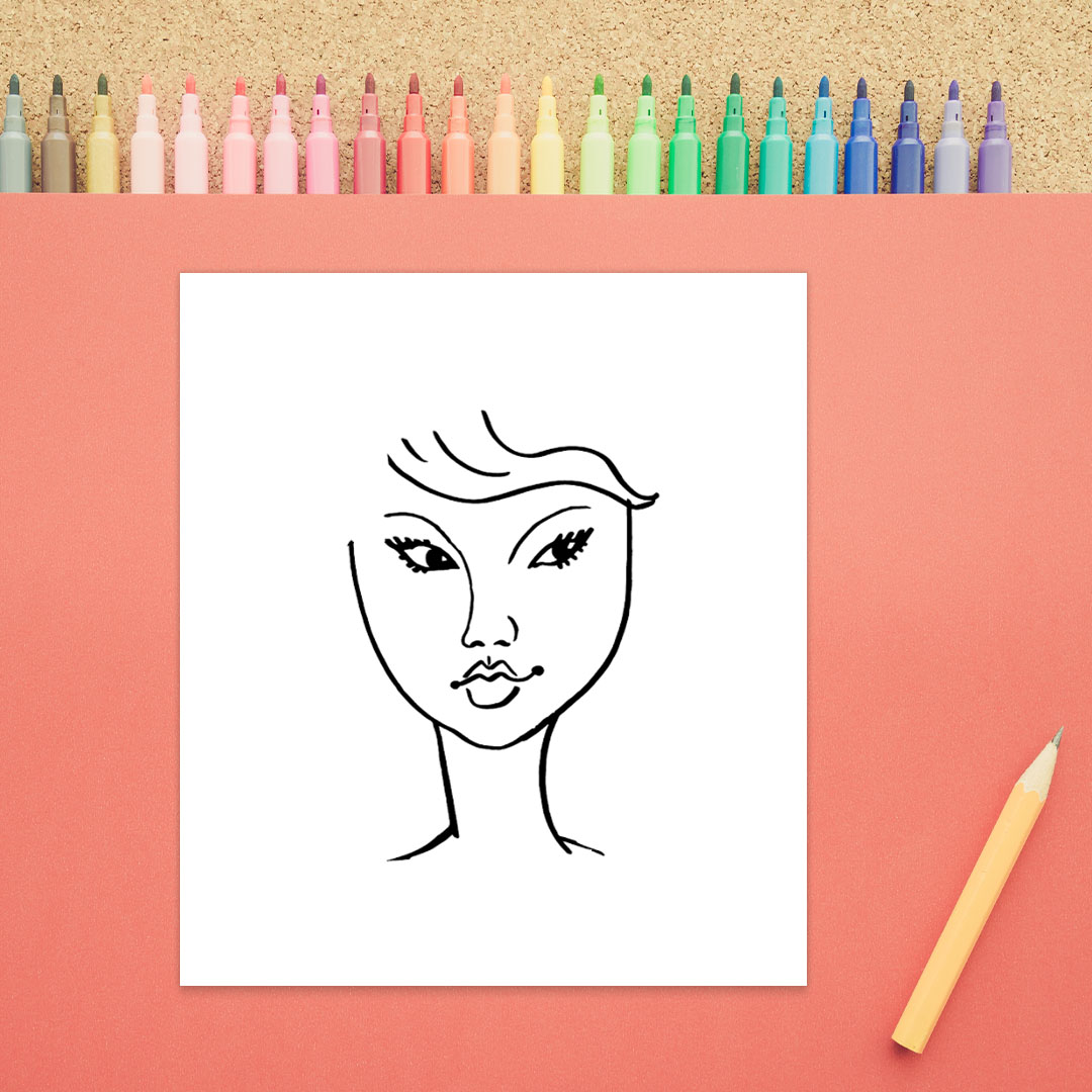 An outline of a woman's face in black marker on a white background is shown. There are two almond shaped eyes, two thin eyebrows, a nose, a closed mouth, and the beginning of hair. 