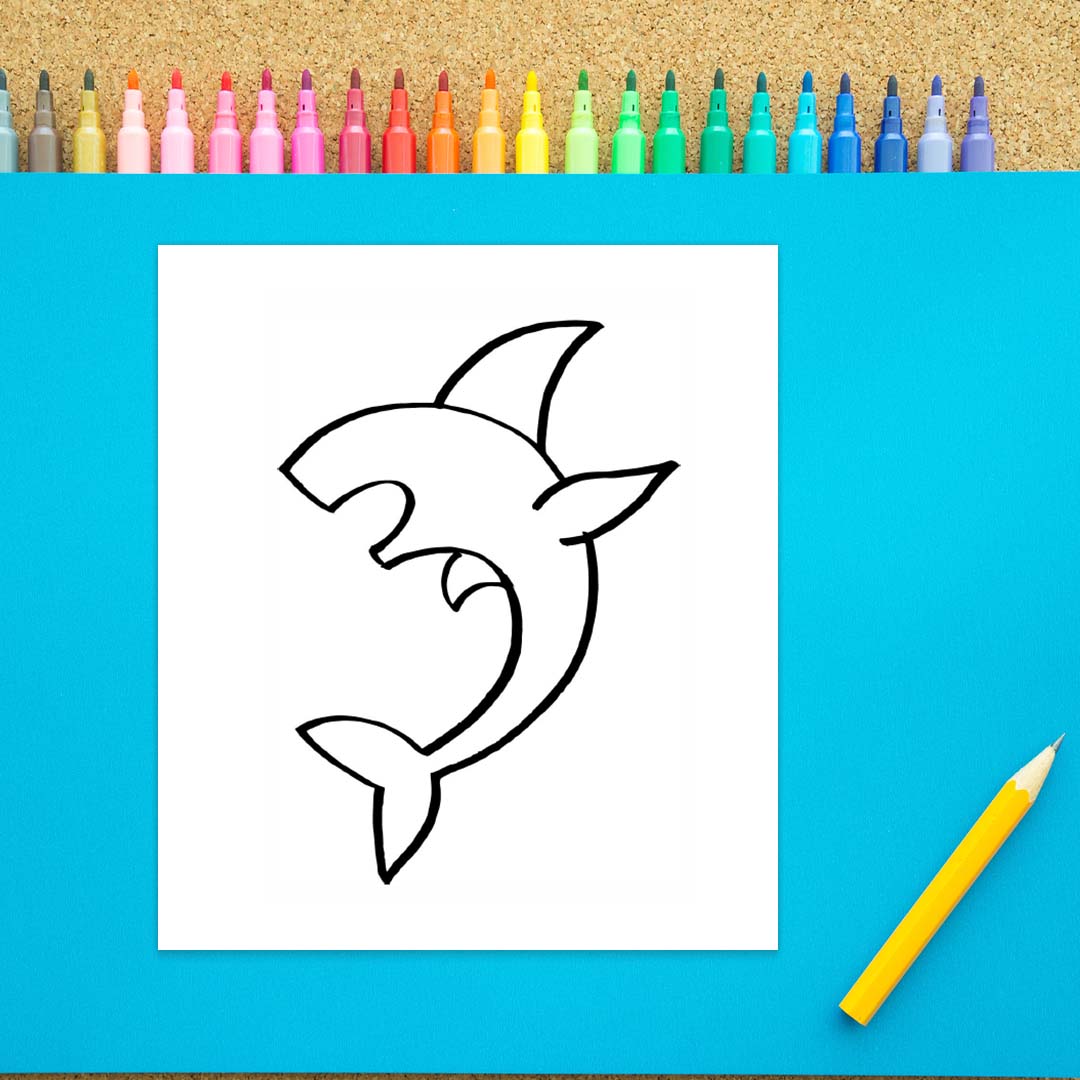 A rough outline of a shark shape is shown drawn with black marker on a white background. There are two fins on the back and one coming off the stomach. There is also a tail.