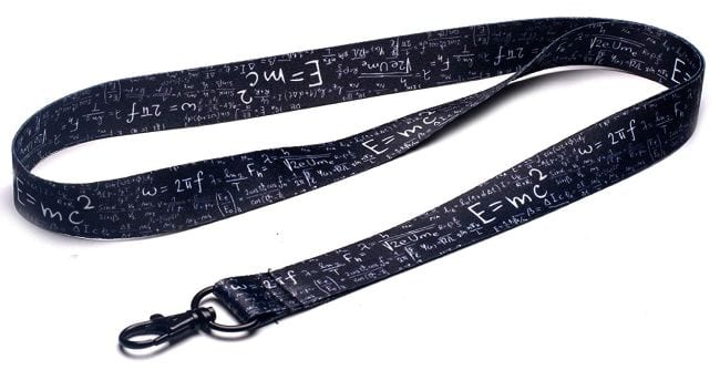 Black lanyard with equations like E=mc2 printed on it