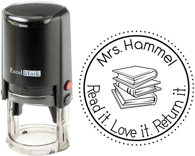 Personalized teacher library stamp reading 