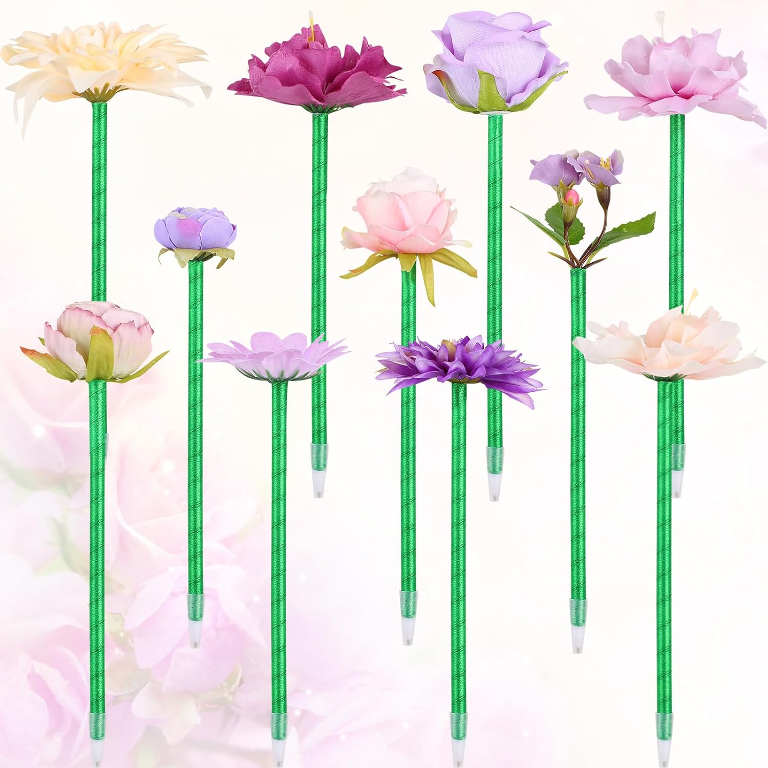 A set of pens with artificial flowers attached to the ends- teacher gifts