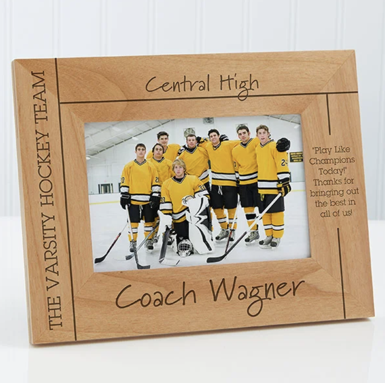 Personalized picture frame with teacher's name and school, with a picture of a hockey team- teacher gifts