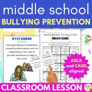 A clickable TPT resource cover image for "Bullying Prevention Lesson for Middle School Counseling - Anti Bullying Lesson"