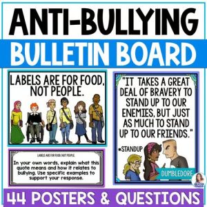 A clickable TPT resource cover image for "Anti-Bullying Posters - Bullying Prevention Month Bulletin Board - Lessons Ideas"