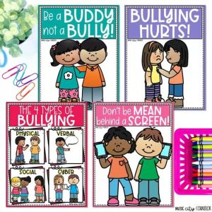 A clickable TPT resource cover image for " 11 Bullying Prevention Posters & Coloring Pages, Cyberbullying"