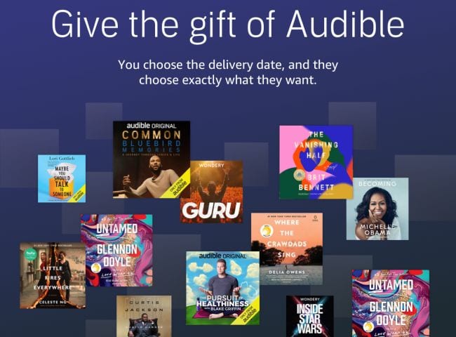 Collage of audiobooks with headline Give the gift of Audible (Teacher Appreciation Gifts)- teacher gifts