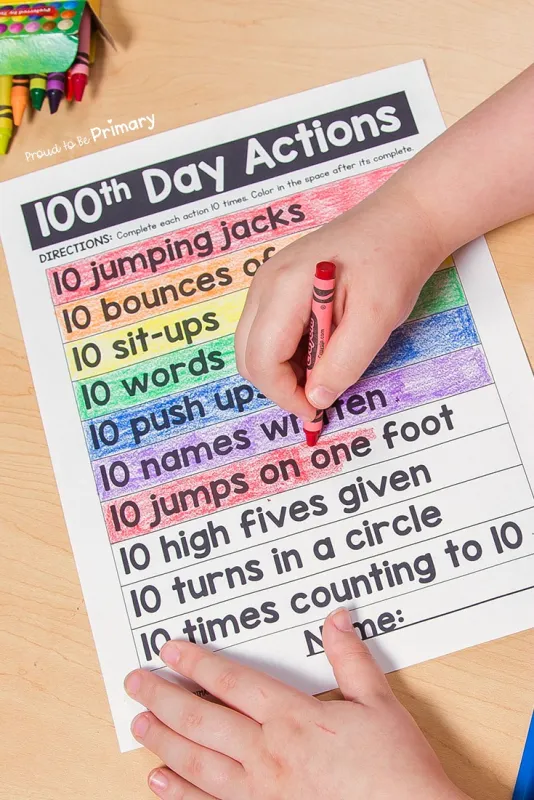 A colorful menu of physical activities for students to perform on the 100th day of school