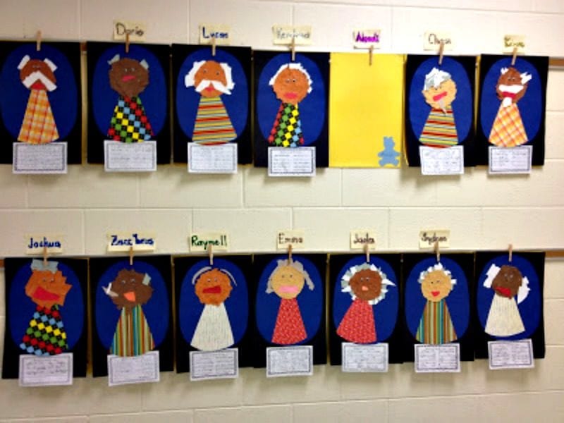 Students' art projects of themselves at the age of 100 as an example of 100th day of school ideas