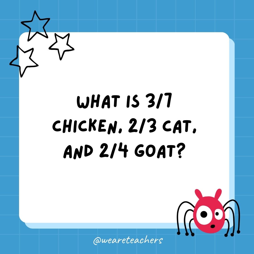 What is 3/7 chicken, 2/3 cat, and 2/4 goat? 
- best funny riddles