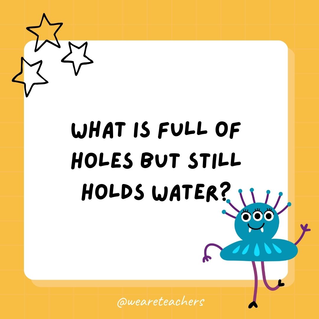 What is full of holes but still holds water? - best funny riddles
