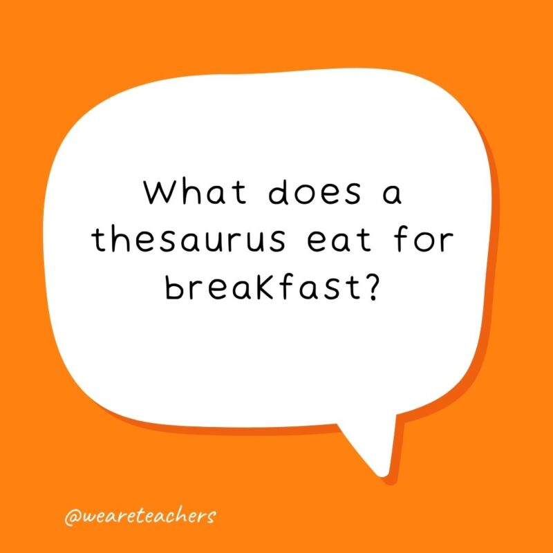 What does a thesaurus eat for breakfast? A synonym roll.- school jokes for kids