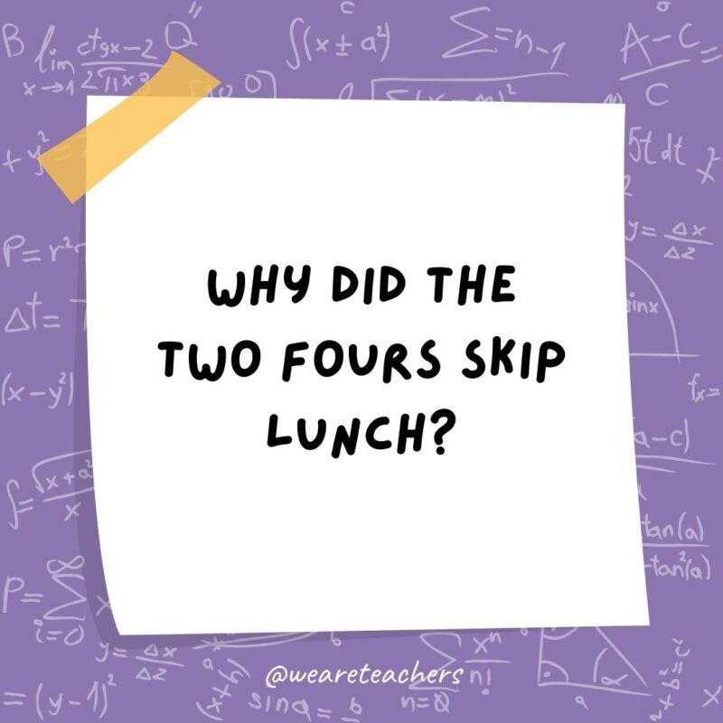 Why did the two fours skip lunch? Because they already 8!