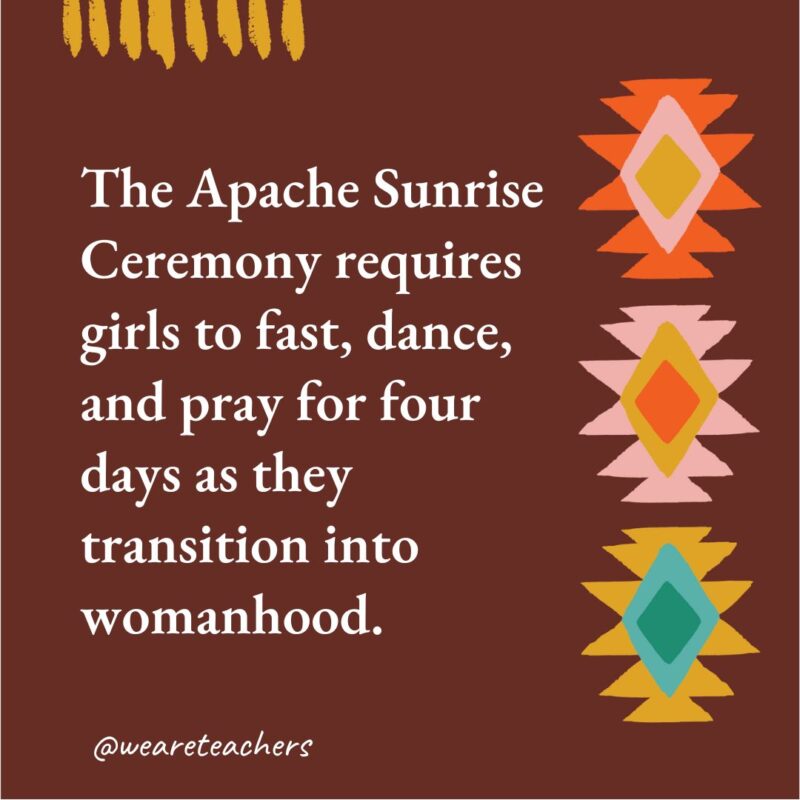 The Apache Sunrise Ceremony requires girls to fast, dance, and pray for four days as they transition into womanhood.- native american facts