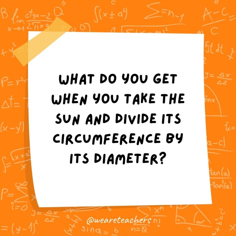 What do you get when you take the sun and divide its circumference by its diameter? Pi in the sky.