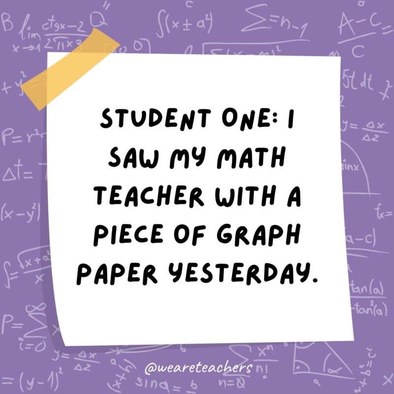 student One: I saw my math teacher with a piece of graph paper yesterday. Student Two: She must be plotting something.