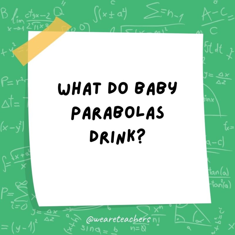 What do baby parabolas drink? Quadratic formula.- math jokes