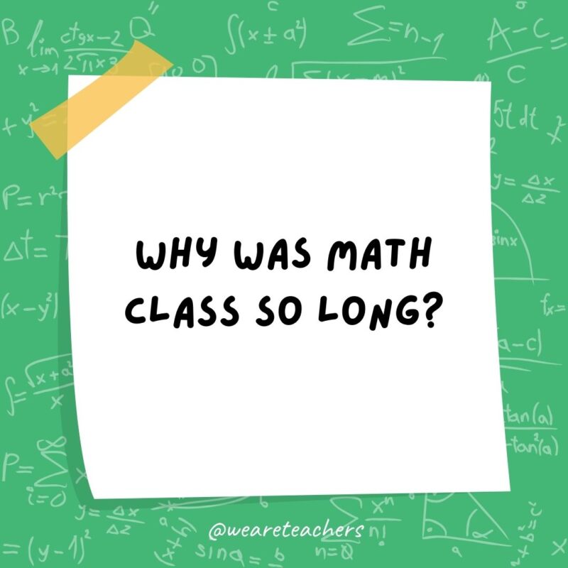 Why was math class so long? The teacher kept going off on a tangent.- math jokes