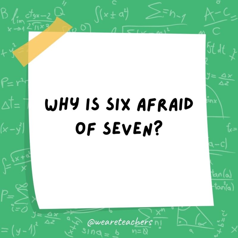 Why is six afraid of seven? Because seven eight nine!- math jokes