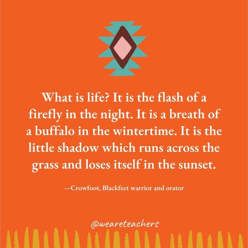 What is life? It is the flash of a firefly in the night. It is a breath of a buffalo in the wintertime. It is the little shadow which runs across the grass and loses itself in the sunset. —Crowfoot, Blackfeet warrior and orator