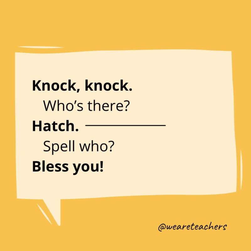 Knock, knock.
Who’s there?
Hatch.
Hatch who?
Bless you!