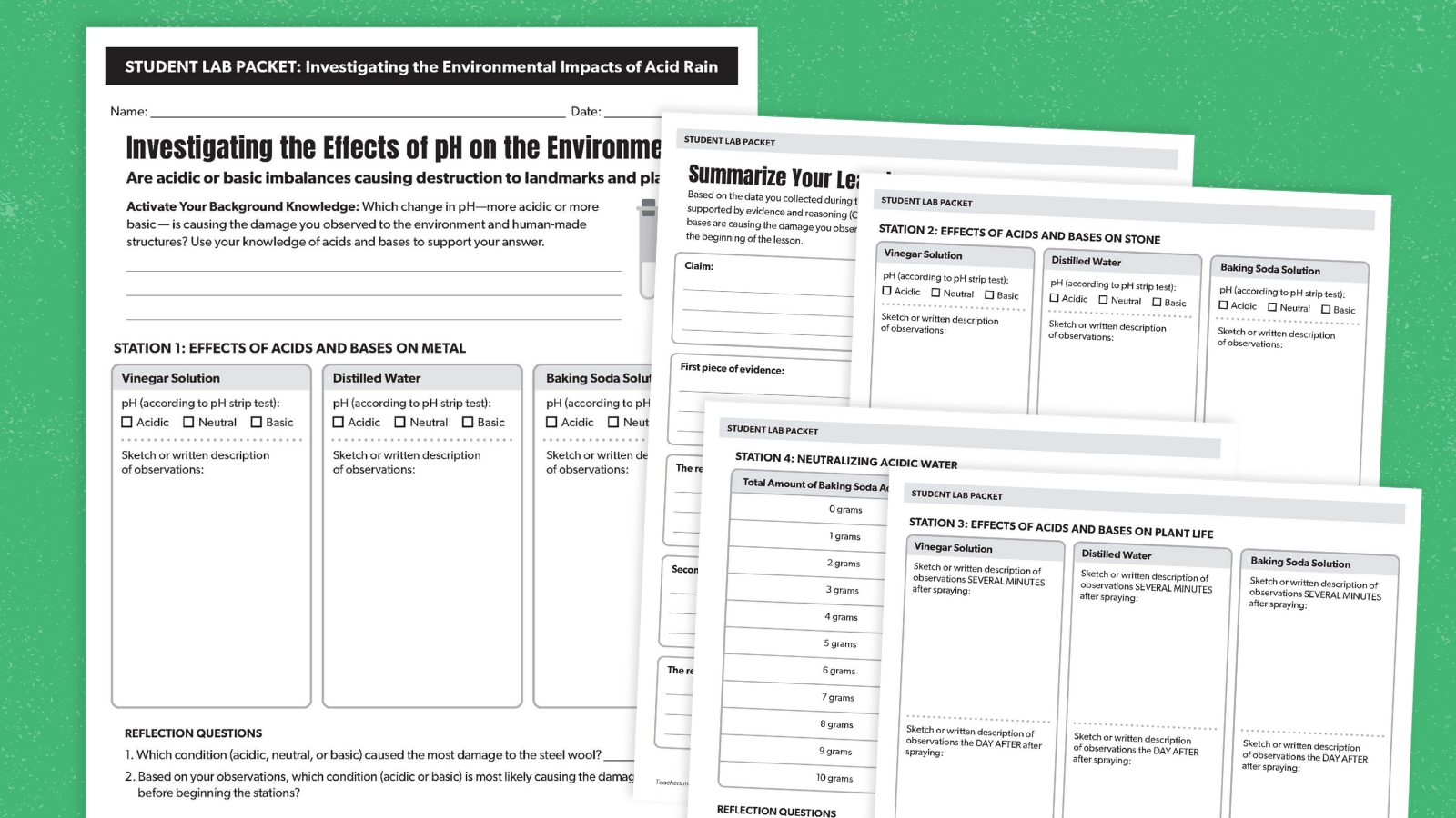 Image of various pages of the student lab packet from the acid rain experiment