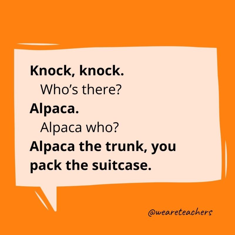 Knock knock. Who’s there? Alpaca. Alpaca who? Alpaca the trunk, you pack the suitcase.