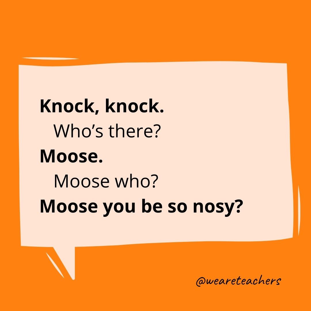 Knock, knock.
Who’s there?
Moose.
Moose who?
Moose you be so nosy?