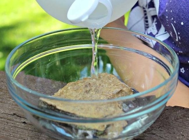 Child pouring vinegar over a large rock in a bowl