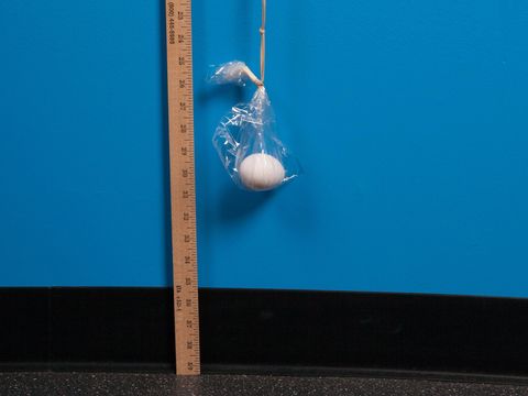 egg suspended on a rubber band for an egg drop challenge idea
