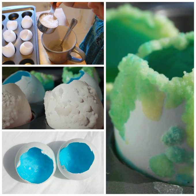 Series of photos showing a science experiment using crystallization to turn eggshells into geodes as an example of kindergarten science experiments