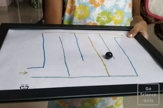 Child using a magnet to move a metal marble through a paper maze
as an example of kindergarten science experiments