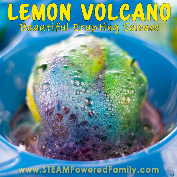 Colorful foam erupts out of a lemon volcano