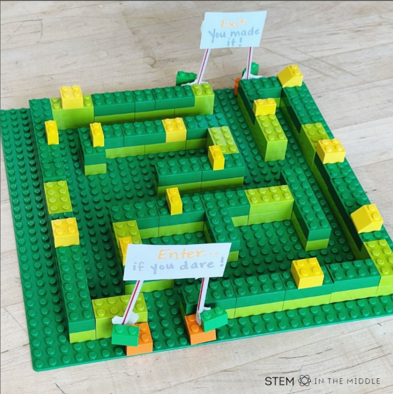 A maze is made out of yellow and green legos in this example of 6th grade science.