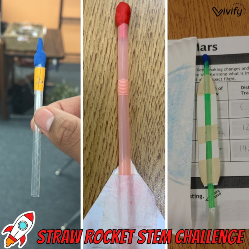 Three rockets made from straws are shown in this example of 6th grade science fair projects.