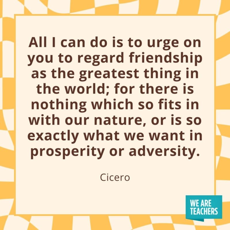 All I can do is to urge on you to regard friendship as the greatest thing in the world; for there is nothing which so fits in with our nature, or is so exactly what we want in prosperity or adversity. —Cicero