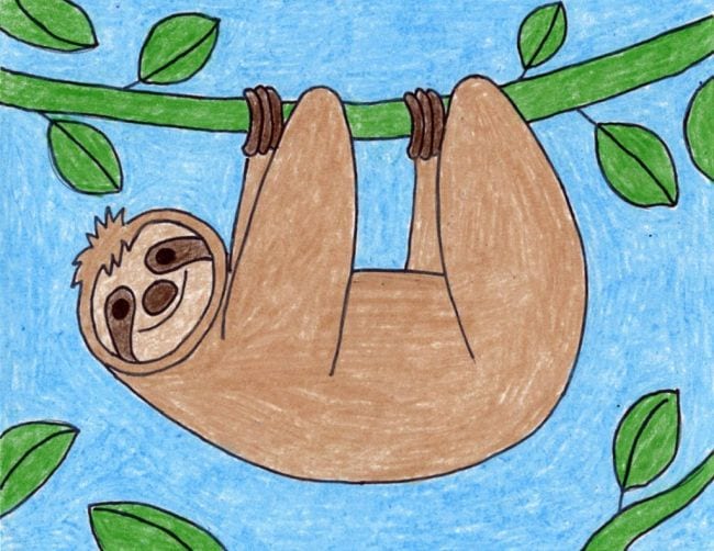 Simple crayon drawing of a sloth hanging from a tree - example of directed drawing activities