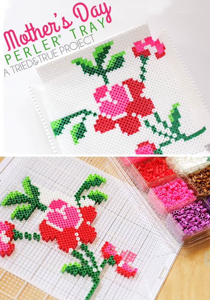 Beaded Tray A tray made from melted perler beads is shown. It is white with a pink and red flower on it (mother's day crafts for kids)