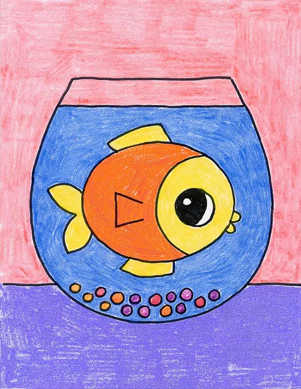 A simplistic drawing of a fish in a fish bowl is shown - example of directed drawing activities