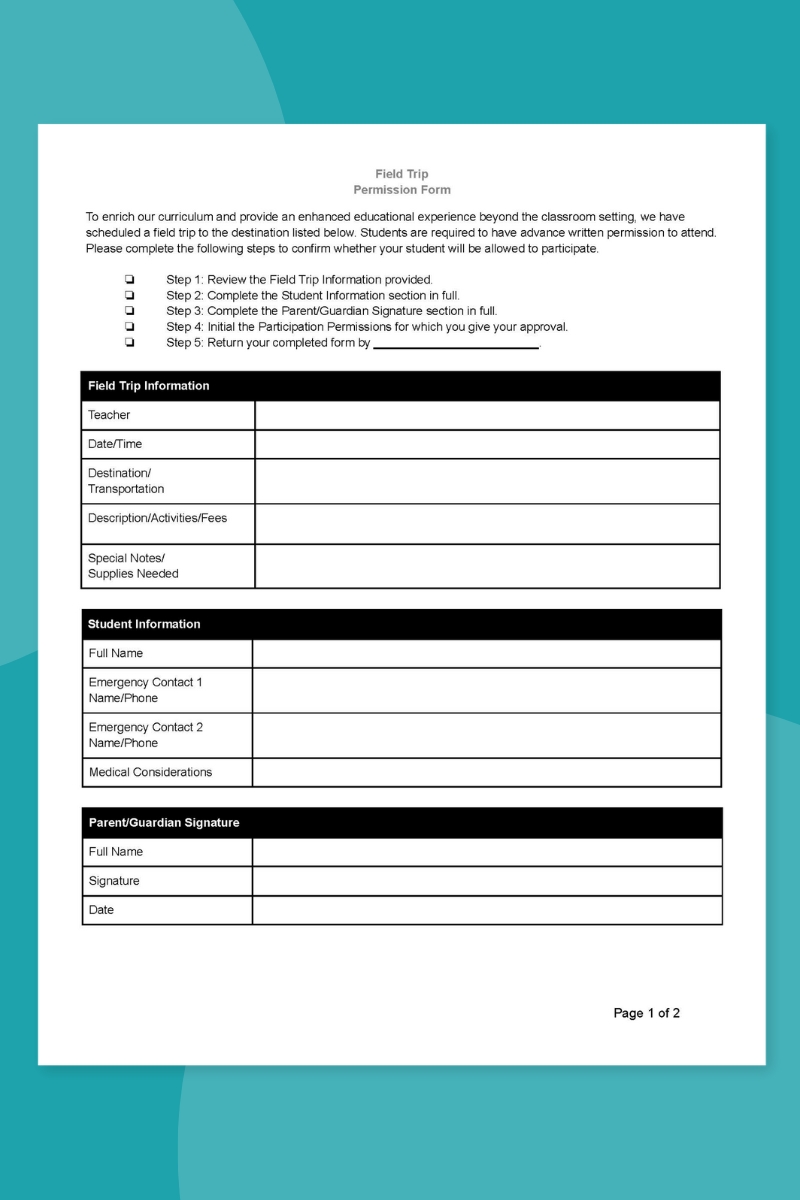 Basic Field Trip Permission Slip Basic Field Trip Permission Slip