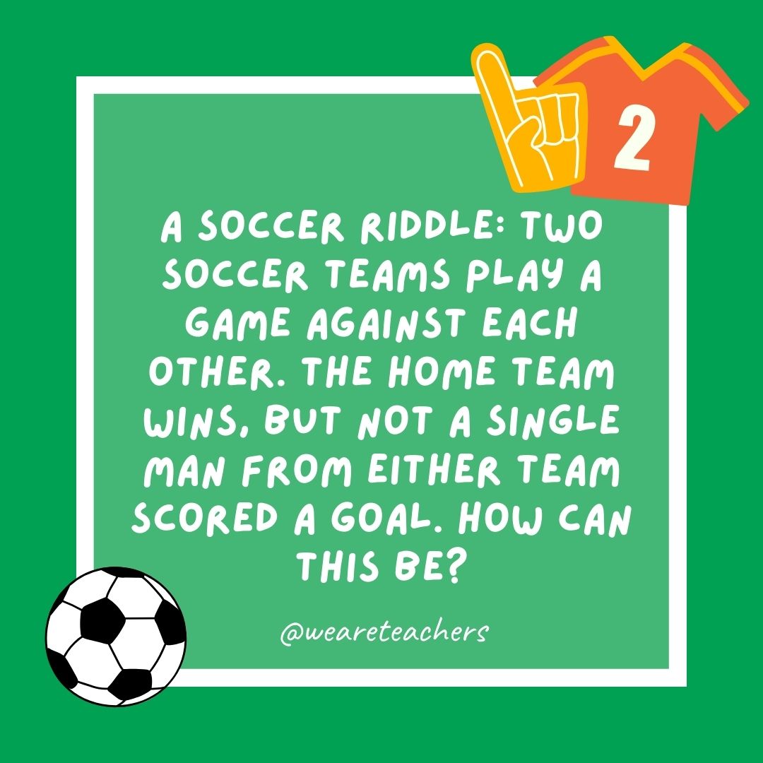 A soccer riddle: Two soccer teams play a game against each other. The home team wins, but not a single man from either team scored a goal. How can this be? A soccer riddle: Two soccer teams play a game against each other. The home team wins, but not a single man from either team scored a goal. How can this be?