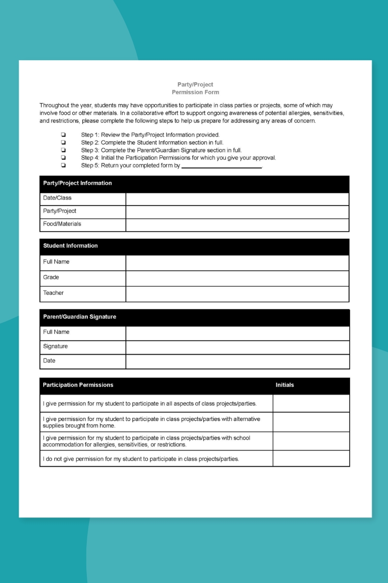 Class Party or Project Permission Slip Class Party or Project Permission Slip