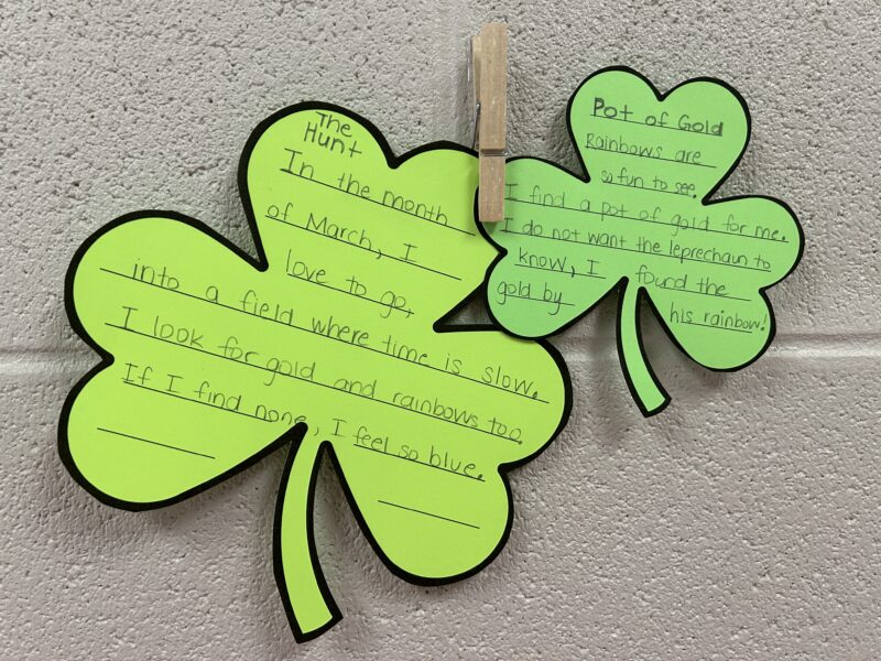 Shamrock papers with poems written on them- St. Patrick's Day activities