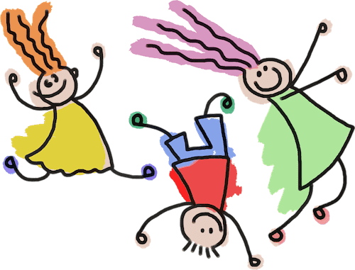 A colorful graphic of three children playing tag
